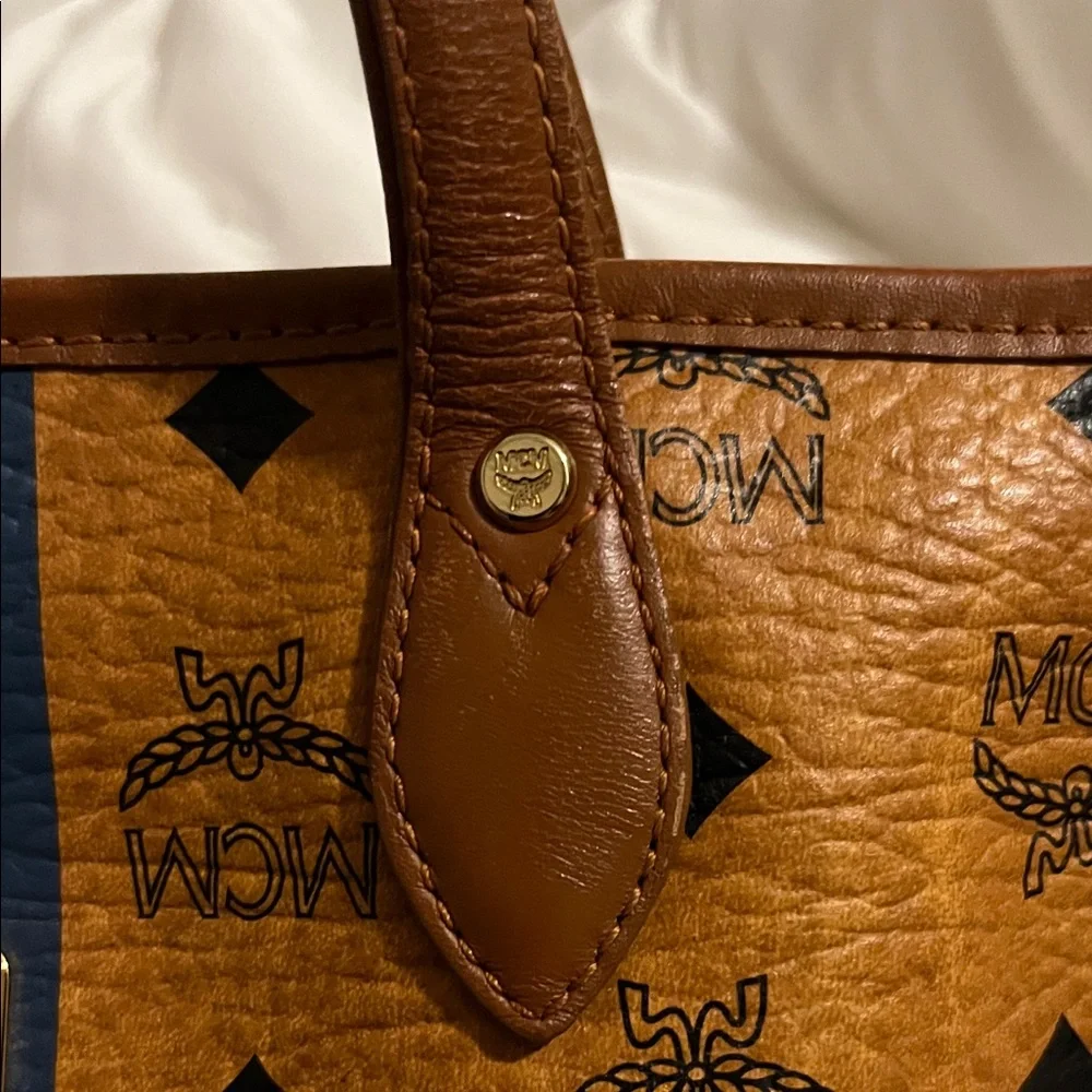 MCM Cognac Brown Visetos Small Tote with Navy and Orange Stripes